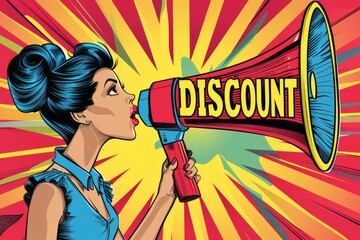 pin up style girl speaking with megaphone pop art announcement with a megaphone for Discount / Sale information, special offer , promotion ,clearance