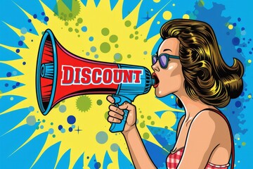 pin up style girl speaking with megaphone pop art announcement with a megaphone for Discount / Sale information, special offer , promotion ,clearance