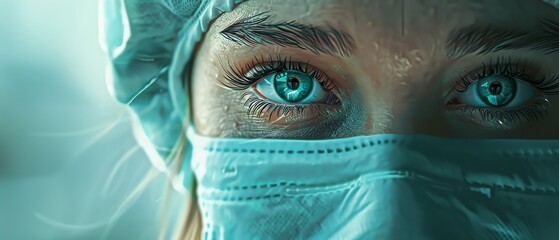 Realistic render of close-up of a medical professional's intense blue eyes, wearing a surgical mask and cap, with a focused expression.