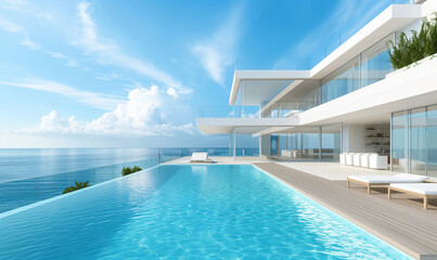 Fototapeta premium 3d rendering, Modern house with pool and beach view, white color scheme. Bright blue sky, sunny day. Minimalist architecture style
