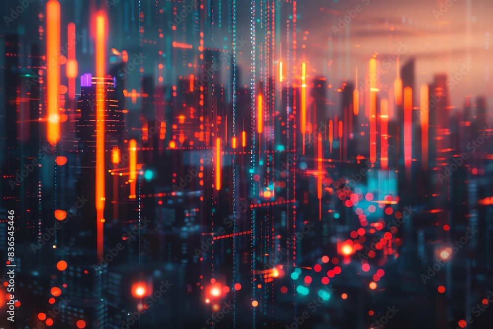 Poster futuristic cityscape with neon lights and data visualization, representing a digital metropolis and 