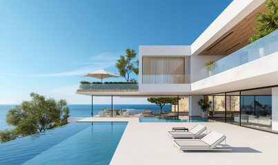 Fototapeta premium 3d rendering, Modern house with pool and beach view, white color scheme. Bright blue sky, sunny day. Minimalist architecture style