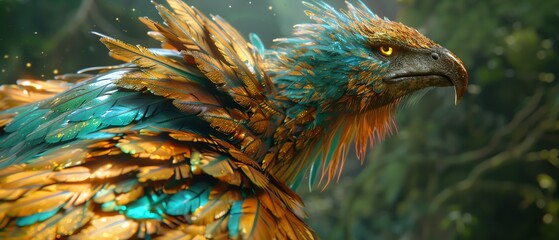 Fantasy bird with vibrant, iridescent feathers in a lush, magical forest setting, exuding mystery and enchantment.