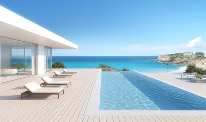 Fototapeta premium 3d rendering, Modern house with pool and beach view, white color scheme. Bright blue sky, sunny day. Minimalist architecture style