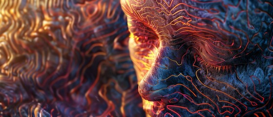 Surreal digital art of a face with vibrant, intricate patterns. A beautiful fusion of color and texture creating a mesmerizing visual effect.