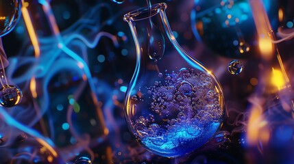 Vibrant scientific experiment with colorful chemical reactions in glass flasks under bright lighting in a laboratory setting.
