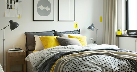 An interior shot of a modern bedroom featuring Scandinavian elements and small yellow accents, creating a cozy atmosphere. Editorial photography for Apartment Therapy.