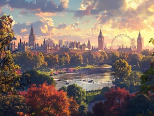 Capture the panoramic view of Hyde Park at sunset, with a lush, colorful landscape and a majestic skyline featuring the London Eye and the Shard, in a digital painting style