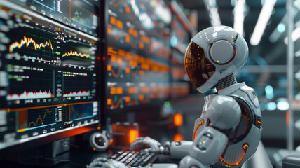 Fototapeta premium Shallow focus to robot trading stock using computer, stock display monitors as background. Concept of collaboration or replacement between artificial intelligence robots and humans.