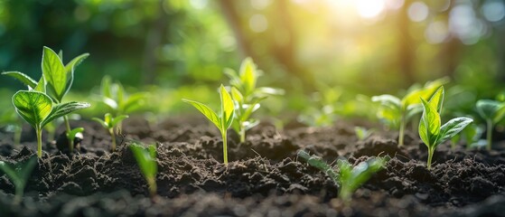 A wide-angle view of fertile soil in a quiet environment, showcasing the beginning of lush greenery in spring. The focus is on delicate seedlings emerging from the rich earth, promising growth