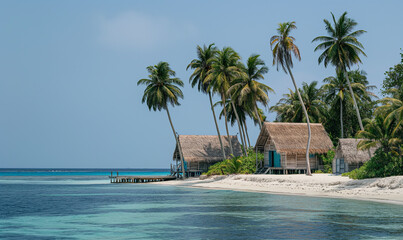 A serene beach scene with palm trees and thatched roof huts overlooking the crystal clear turquoise waters. In front is an island with lush greenery and several overwater huts