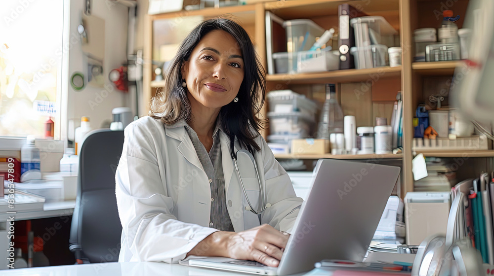 Wall mural Professional Woman Doctor Sitting at Desk in Her Office with Laptop