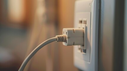 A close-up of a power plug being inserted into a wall socket, showing the connection.