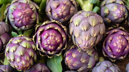 Fototapeta premium Full frame of purple italian artichokes , full frame of purple italian artichokes at the farmer's market.