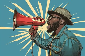 African-American / black man with megaphone pop art retro vector for protest , activism , empowerment , speech ,demonstration