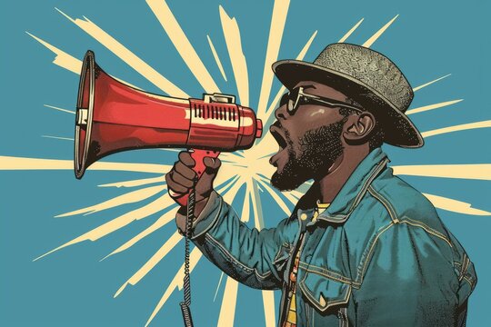 African-American / black man with megaphone pop art retro vector for protest , activism , empowerment , speech ,demonstration