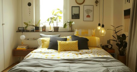 An interior shot of a modern bedroom featuring Scandinavian elements and small yellow accents, creating a cozy atmosphere. Editorial photography for Apartment Therapy.