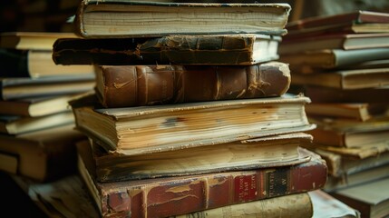 A stack of antique books with worn leather covers and yellowed pages arranged haphazardly.