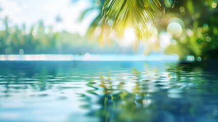 A beautiful blue ocean with a palm tree in the background. The water is calm and the palm tree is casting a shadow on the water. The scene is peaceful and serene