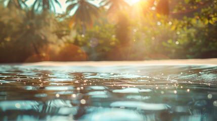 Fototapeta premium A beautiful beach scene with palm trees and a body of water. The water is calm and the sun is shining brightly, creating a serene and peaceful atmosphere
