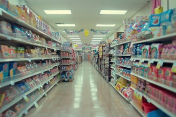 Long aisle of food in a store with lots of shelves
