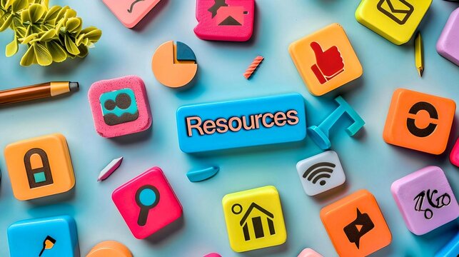 "Resources" text with various colorful icons and social media symbols on a light blue background.
