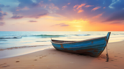 A wooden boat on the beach at sunset