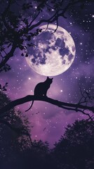 Cat silhouette on tree branch against full moon, night sky illustration. Mystical night concept
