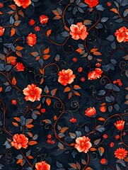 A seamless pattern of Cardinal and Carnation Pink flowers, leaves and vines on a Dodger Blue background, as a flat vector illustration drawn in the style of hand drawing, simple ye