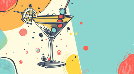 A playful doodle illustration of a martini glass with fun, quirky elements, doodle design, National Martini Day, with copy space