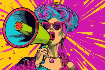 Drag Queen speaking with megaphone pop art retro vector for announcement, information
