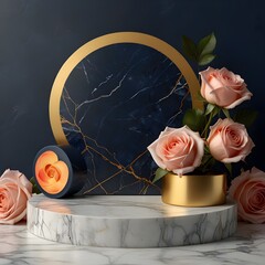 A gold white marble podium pink peach rose flower and heart dark blue background