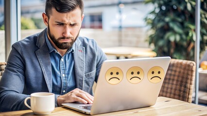 Unhappy Customer Giving Low Rating in Online Survey: Concept of Dissatisfaction. Perfect for: Customer Service Week, World Consumer Rights Day, National Complaints Day.