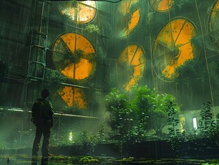 Surreal Industrial Sunset in a Fantastical Futuristic Environment with Glowing Lights and Technology