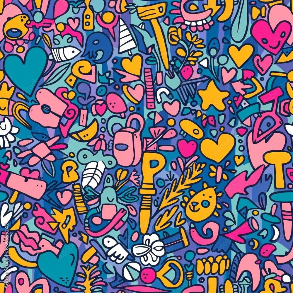 Poster a seamless pattern with an array of doodle drawings including arrows, hearts, and whimsical creature