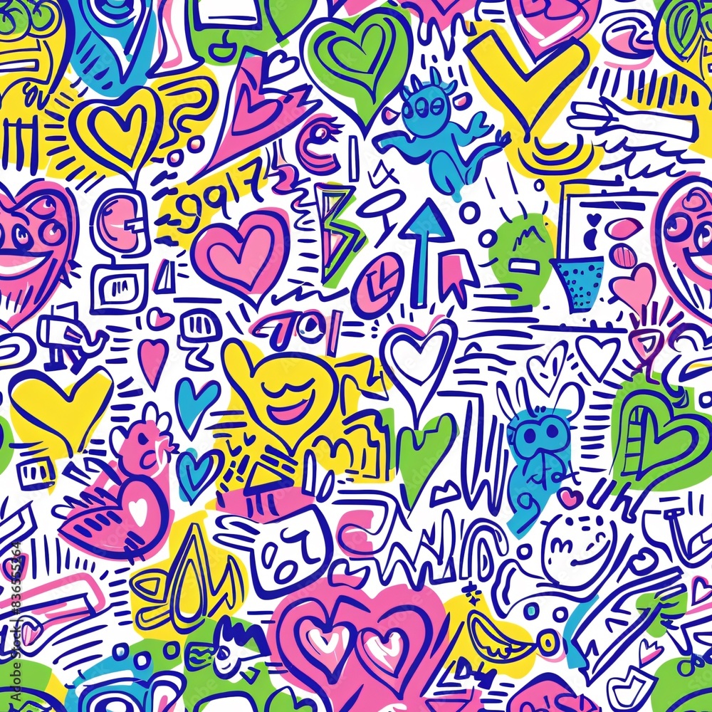Poster a seamless pattern with an array of doodle drawings including arrows, hearts, and whimsical creature