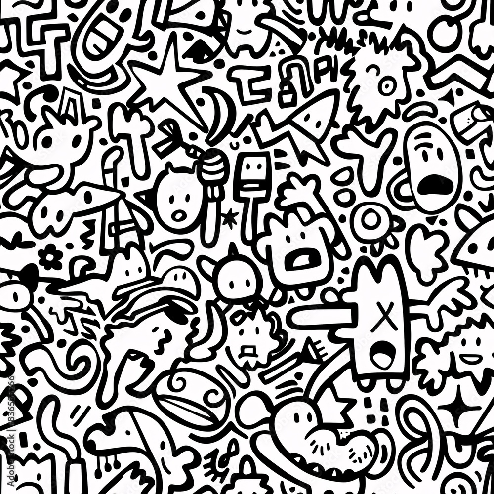 Poster a seamless pattern of playful doodle drawings including arrows, spirals, and quirky characters, harm
