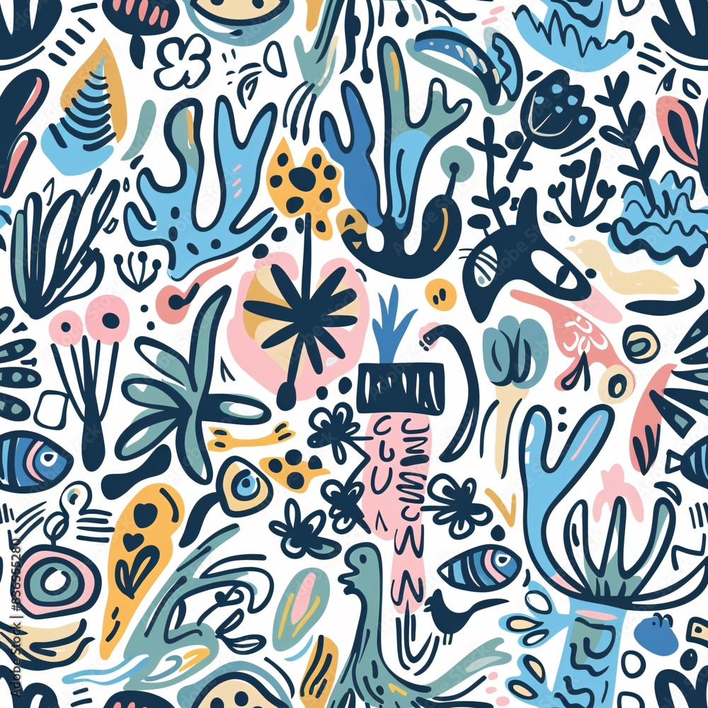 Poster a seamless pattern with a variety of doodle elements including plants, animals, and abstract lines, 