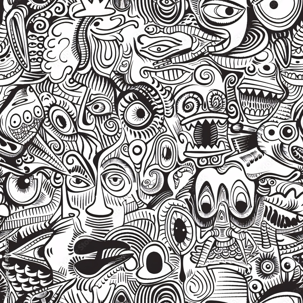 Poster an intricate seamless pattern showcasing doodle drawings of everyday objects, fantasy creatures, and
