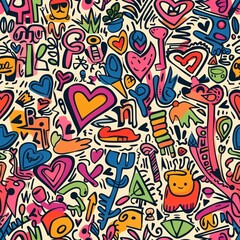 A seamless pattern with an array of doodle drawings including arrows, hearts, and whimsical creatures, intricately arranged to form a vibrant and harmonious layout