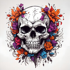 A skull with flowers and colourful style for t-shirt design