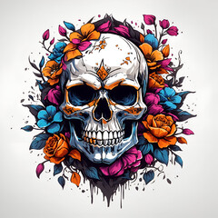 Fototapeta premium A skull with flowers and colourful style for t-shirt design