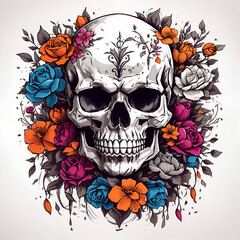 A skull with flowers and colourful style for t-shirt design