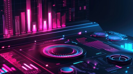 a futuristic digital dashboard with vibrant neon pink and blue graphical elements, including bar charts, control knobs, and various data visualizations, set against a dark background