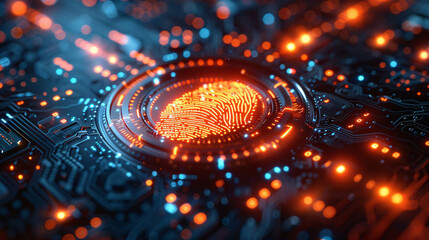 Future digital processing of technology biometric fingerprint scanner, concept of digital program monitoring and security scanning