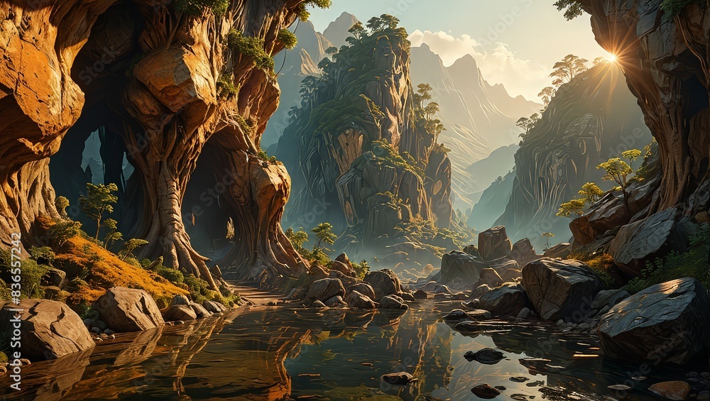 Wall mural sunlit canyon with a river - Wall murals