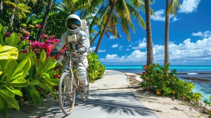 Naklejka premium Tropical Adventure - Astronaut in Hawaiian Attire Biking on Beach Path with Palm Trees and Flowers