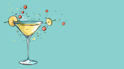 A whimsical cartoon illustration of a martini glass with animated characters, adding a playful touch, cartoon design, National Martini Day, with copy space
