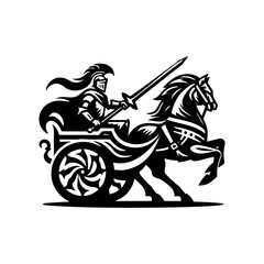 Naklejka premium gladiator in chariot vector logo roman gladiator in wheel cart riding horses.