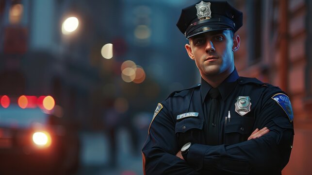 A Policeman cop in uniform crosses his arms at night outdoor. close up view angle.